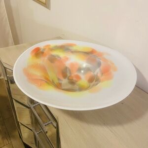 Vtg Mantel Abstract Orange and Yellow Hand Blown Art Glass Bowl Extra Large 18”